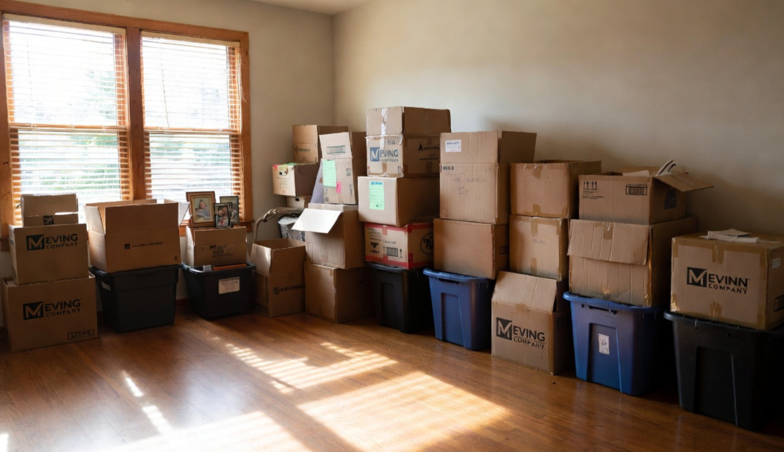 A cluttered living room filled with stacked boxes overflowing with belongings