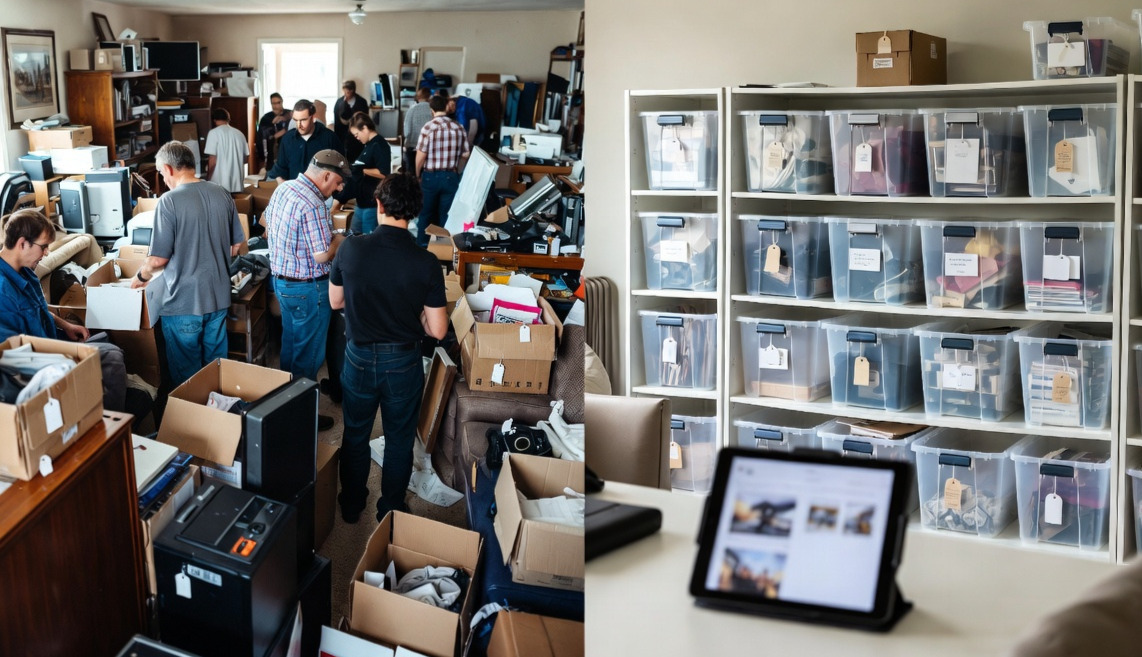 Left: A living room cluttered with messy boxes and a mob of people rummaging through them. Right: A shelf with neatly organized bins and in the forefront an ipad with a catalog of all the items.