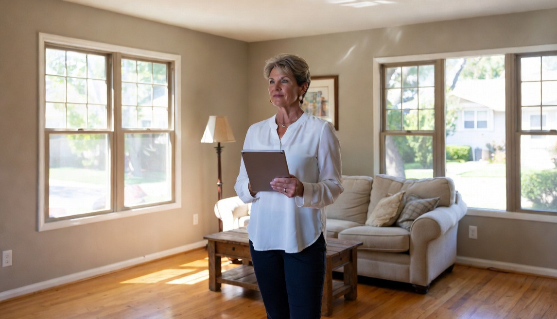 A wonan stands in a sparse living room while holding an ipad. She has a satisfied look on her face.