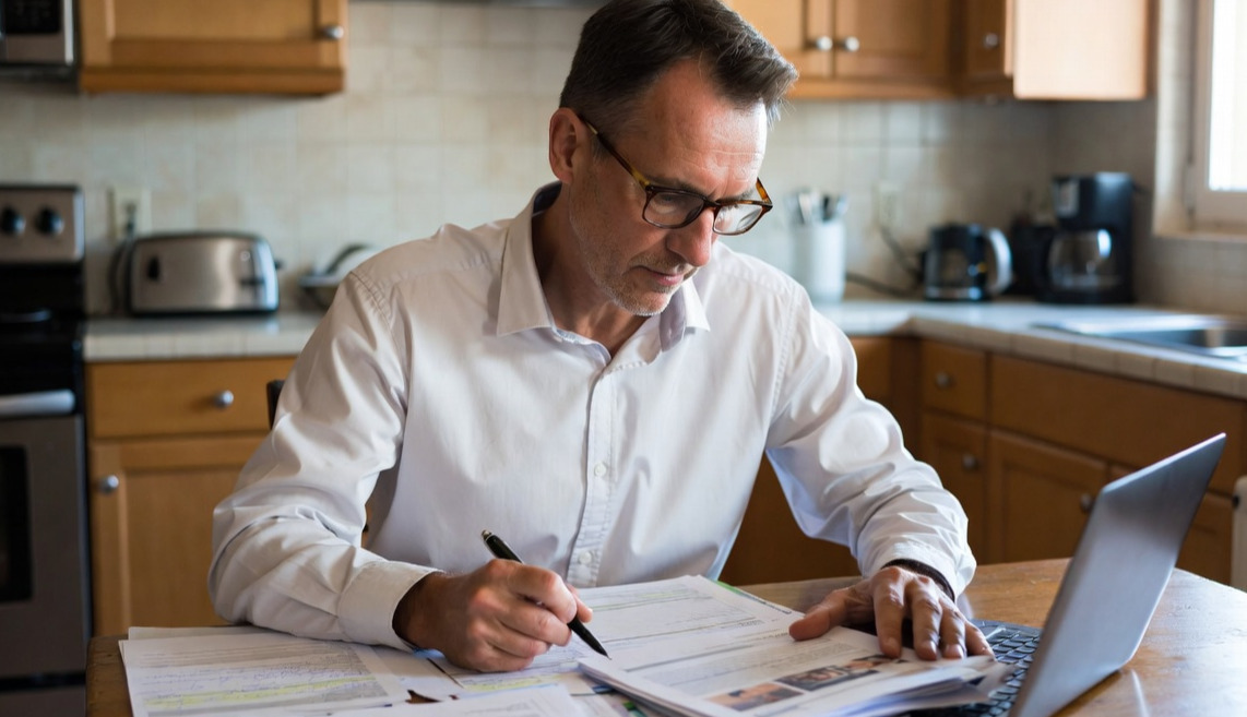 A man sitting at his kitchen table reviewing a stack of documents with a laptop nearby